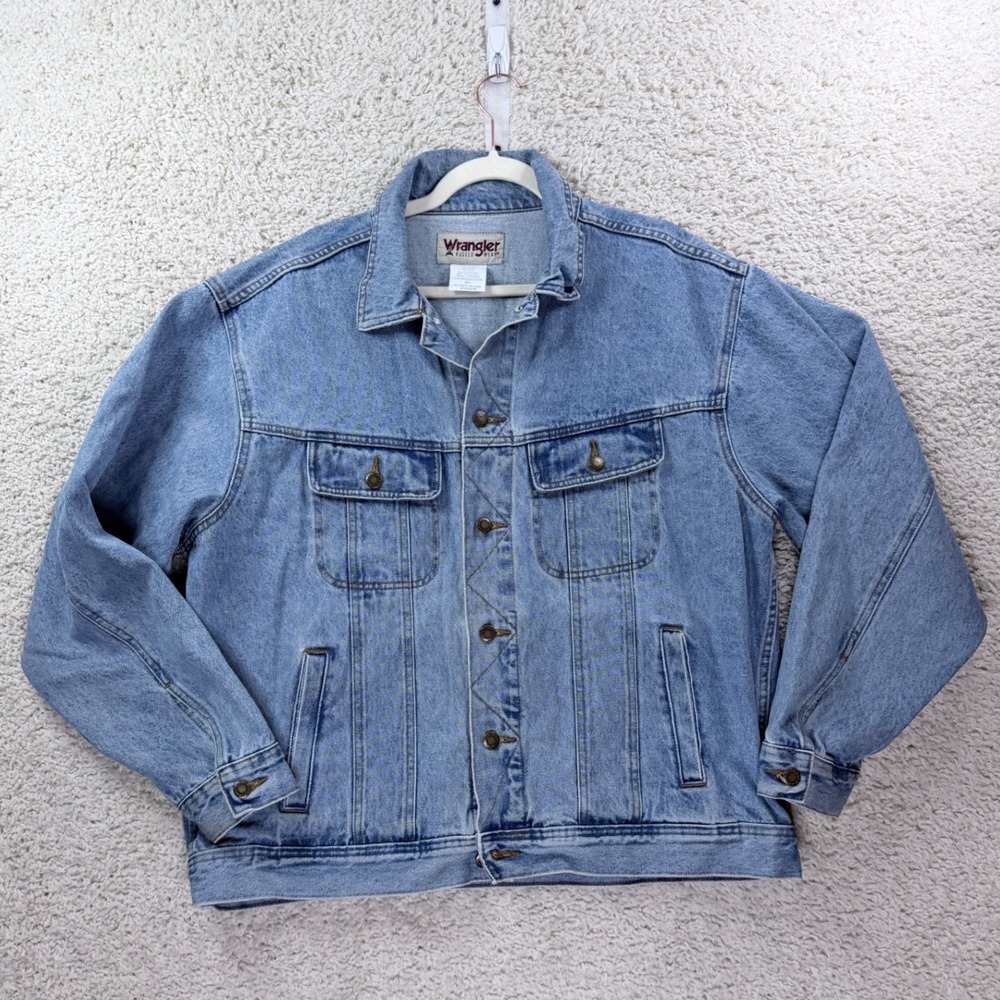 Mens XL Wrangler Denim Jacket Cotton Vintage Rugged Wear Trucker Western 90s